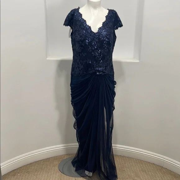 Tadashi Shoji Too Navy Embroidered Lace Evening Gown Tulle Skirt Size 16 Q   NWT - Picture 2 of 16